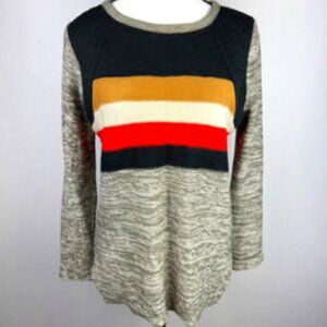 THML Striped Crew Neck Long Sleeve Sweater Women's Medium Gray Black Casual Knit